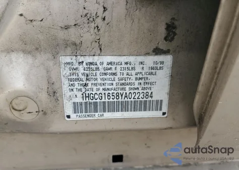 2000 Honda Accord Ex from USA, damaged, VIN 1HGCG1658YA022384